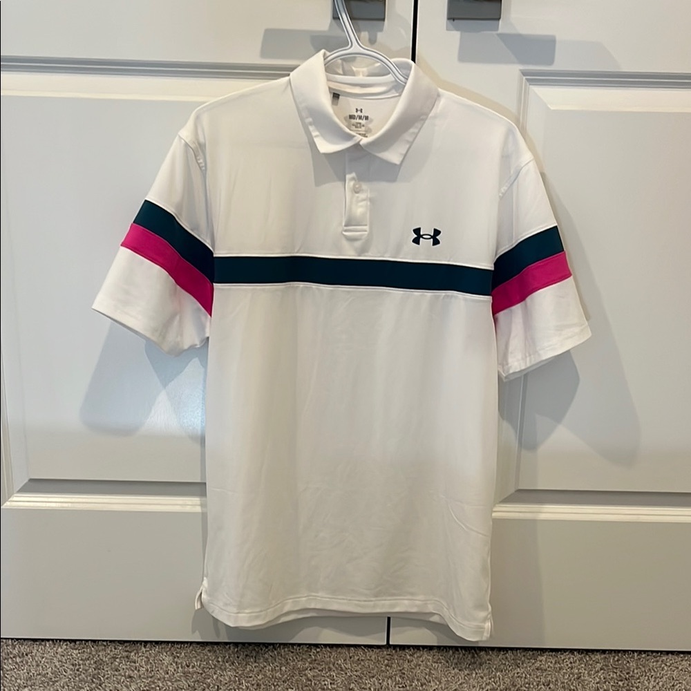 Under Armour Men's White Polo Shirt with Pink and Navy Stripes